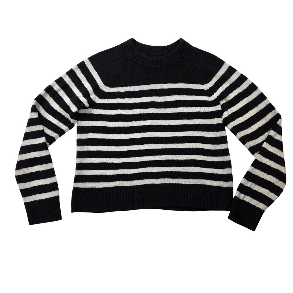 GAP Black White Horizontal Striped Cotton Crew Neck Knit Sweater Women Sz Medium